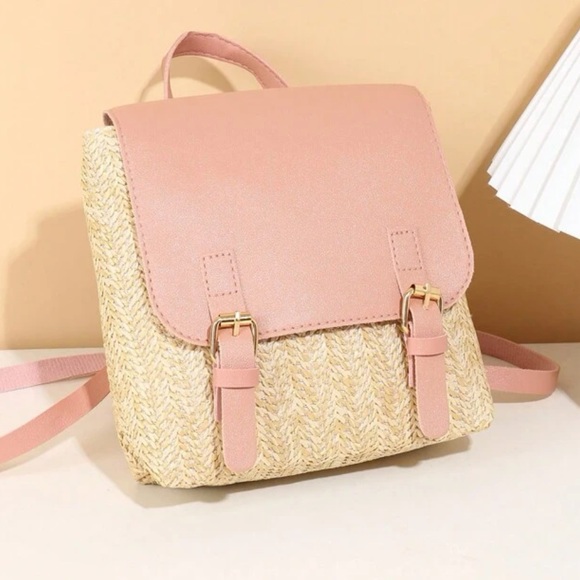 Boho Vegan Leather Straw Buckle Mini Back Pack - Picture 2 of 9